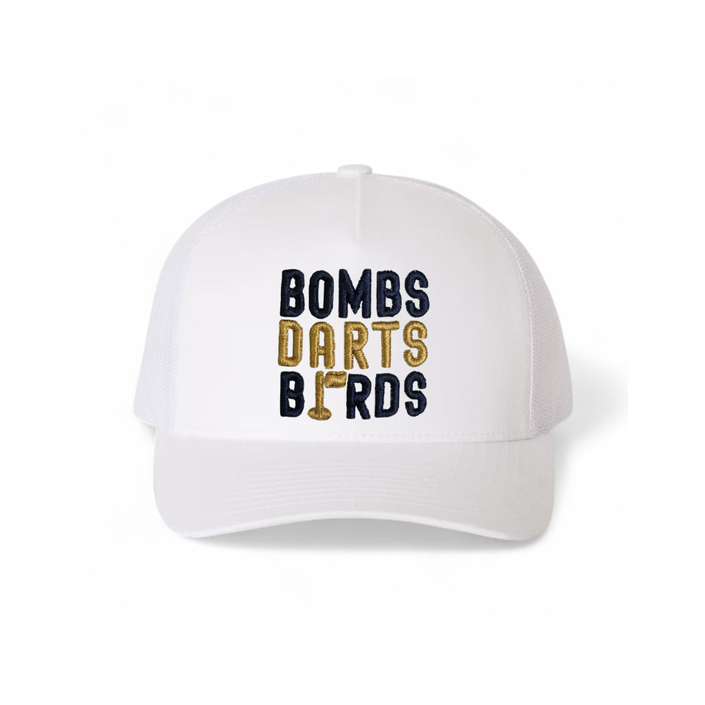 Notre Dame Bombs Darts Birds Fandom + Golf Caps - White Trucker Hat/Yellow/Blue - Bombs Darts Birds