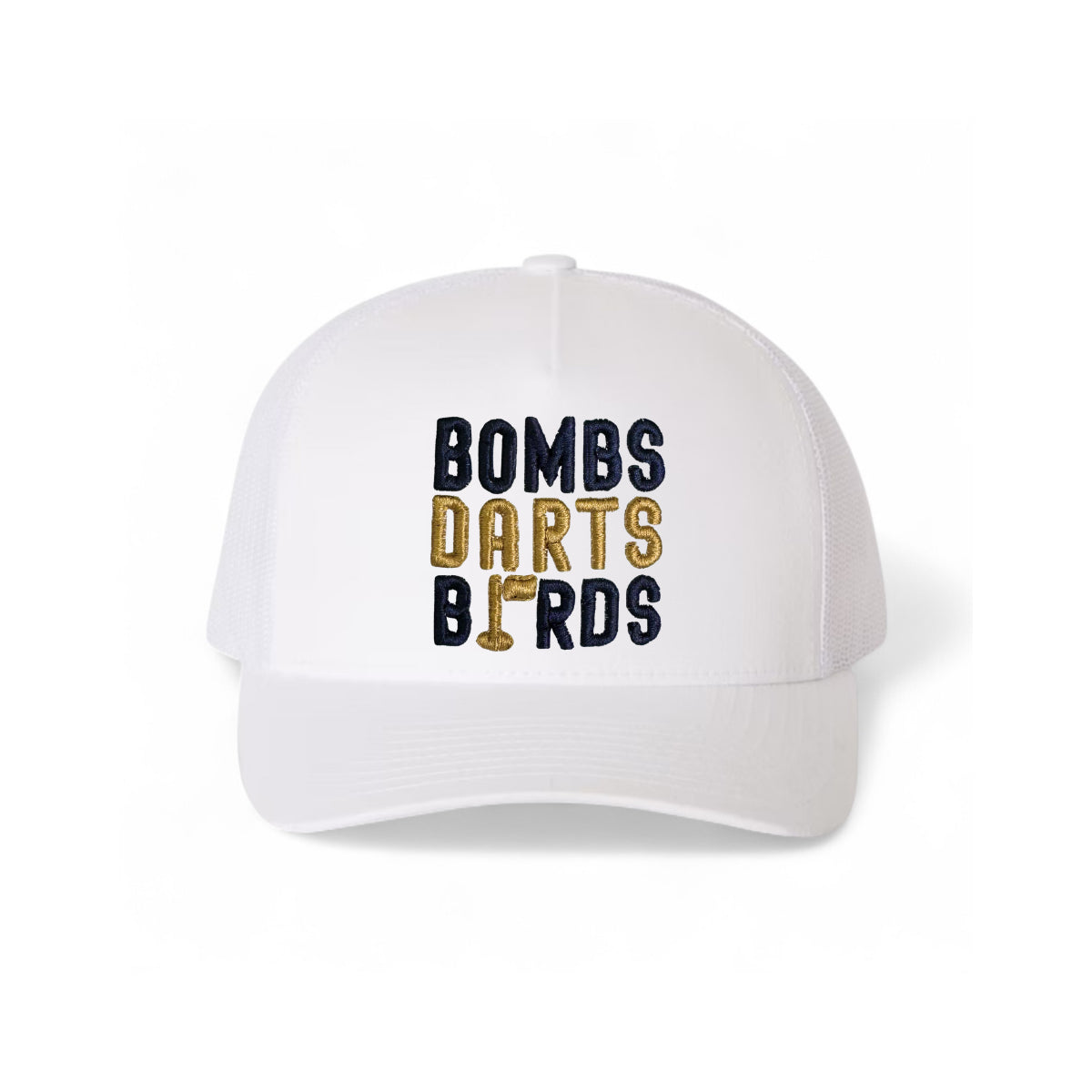 Notre Dame Bombs Darts Birds Fandom + Golf Caps - White Trucker Hat/Yellow/Blue - Bombs Darts Birds