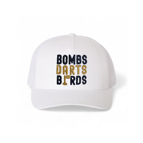 Notre Dame Bombs Darts Birds Fandom + Golf Caps - White Trucker Hat/Yellow/Blue - Bombs Darts Birds
