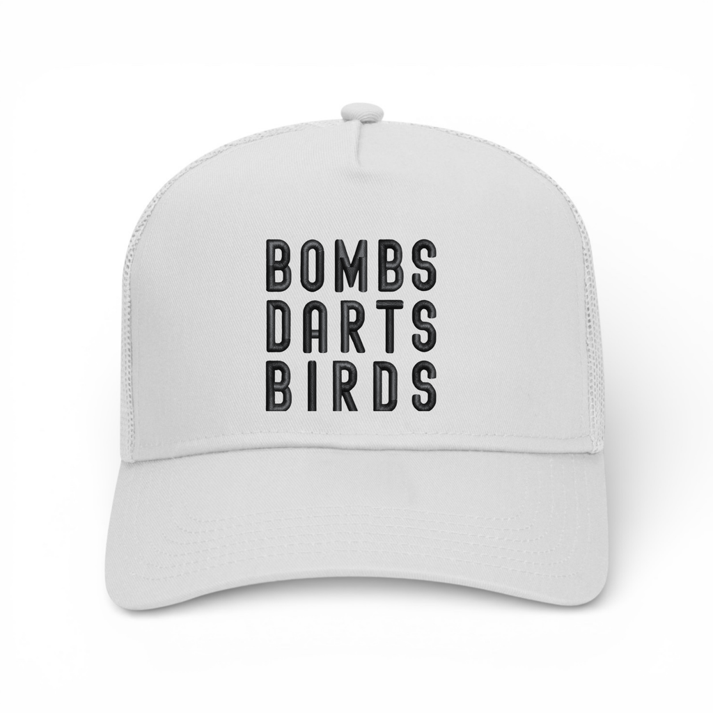 OG 3D Bombs Darts Birds Trucker Golf Cap - White/Black - v2 - Bombs Darts Birds