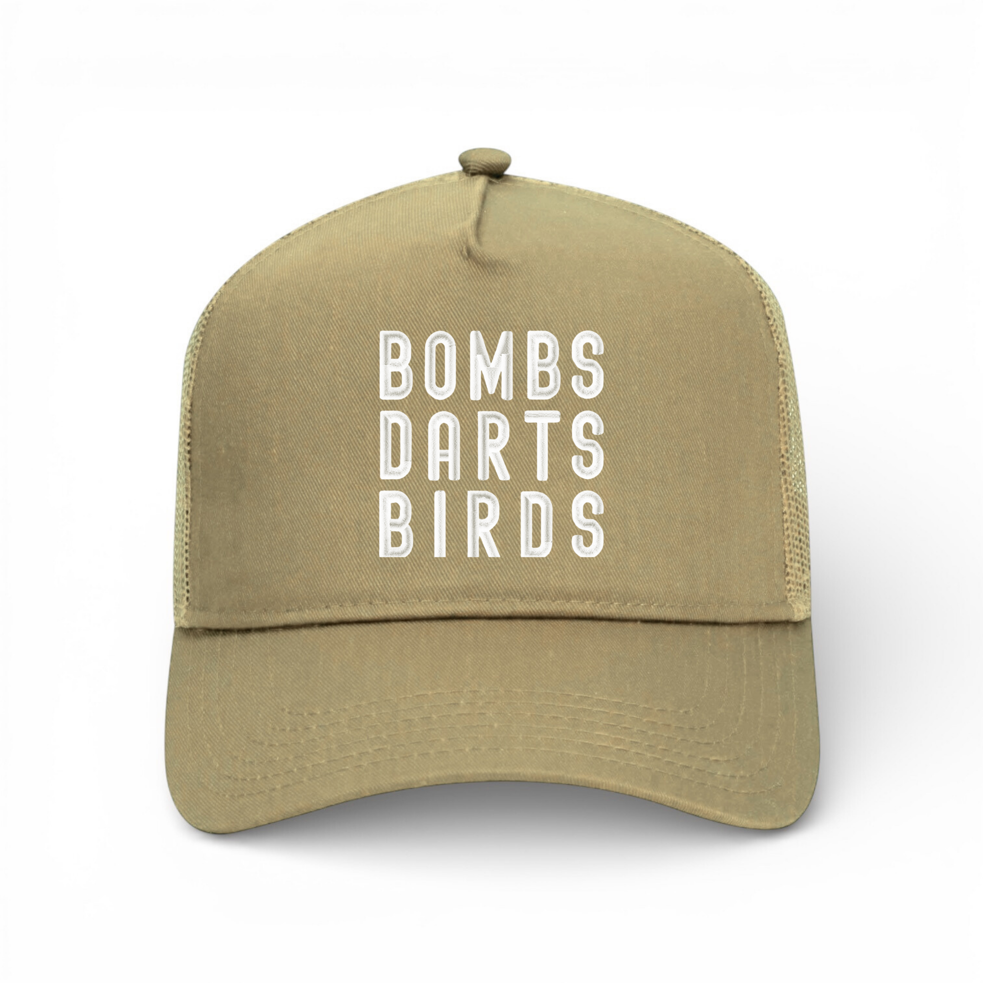 OG 3D Bombs Darts Birds Trucker Hat - Golf Cap - Light Brown/White - Bombs Darts Birds