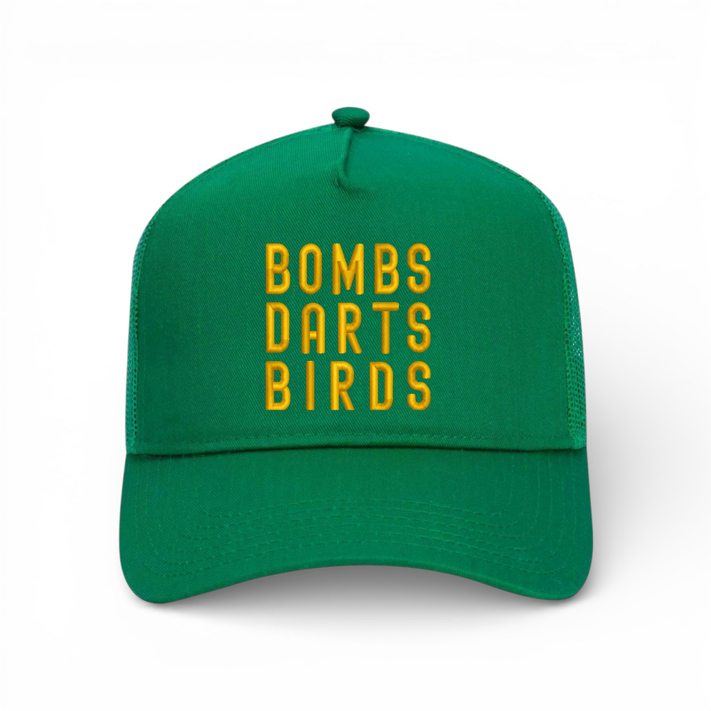 OG 3D Bombs Darts Birds Trucker Hat - Golf Cap - Masters Green/Yellow - Bombs Darts Birds