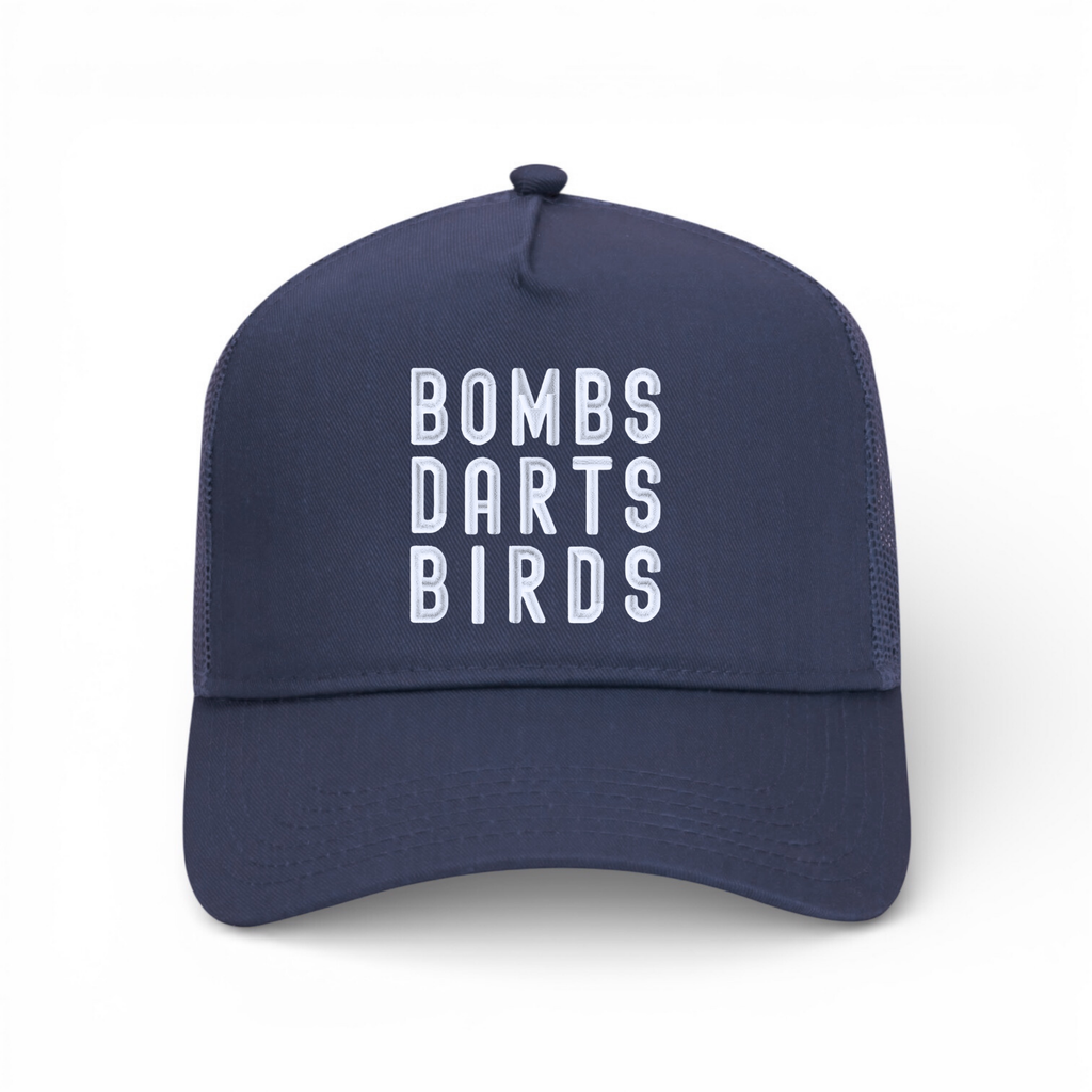 OG 3D Bombs Darts Birds Trucker Hat - Golf Cap - Navy/White - Bombs Darts Birds