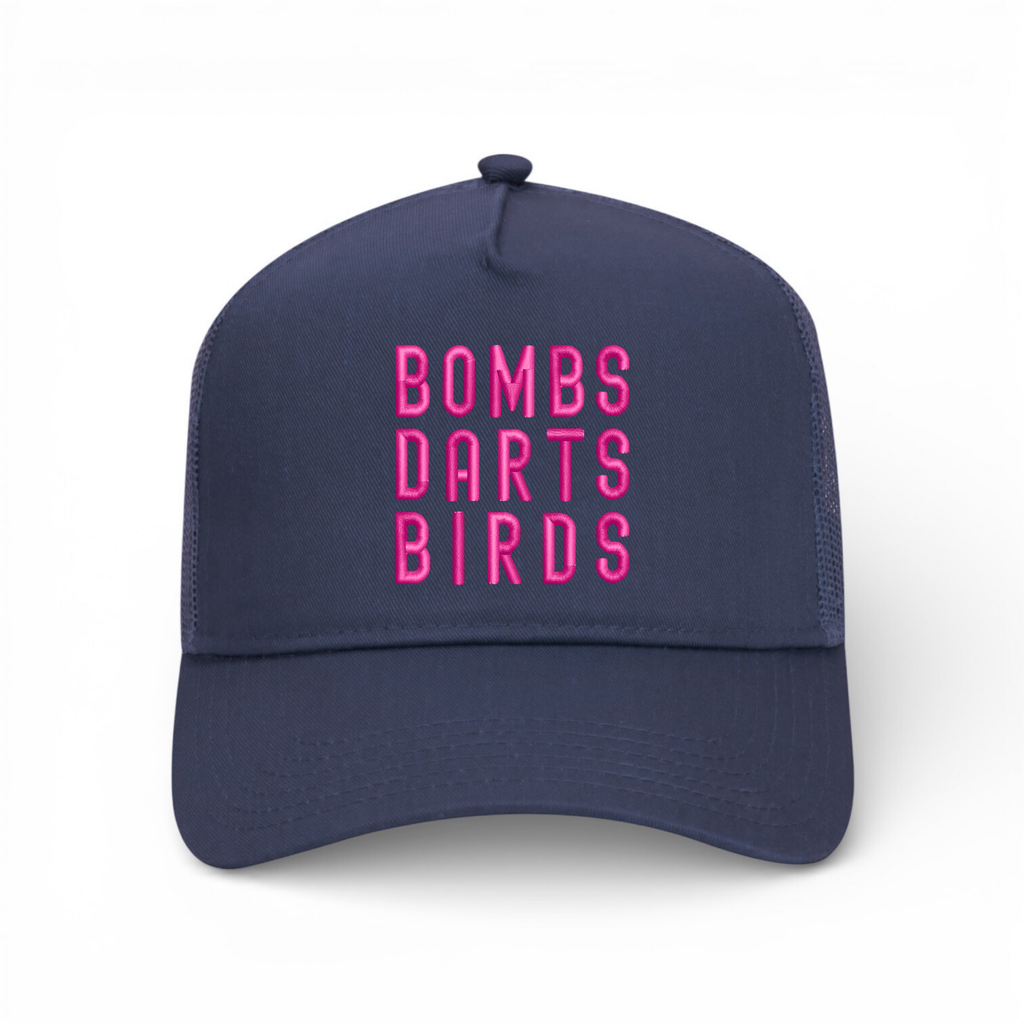 OG 3D Bombs Darts Birds Trucker Hat "Steeley Bubba" - Golf Cap - Navy/Pink - Bombs Darts Birds