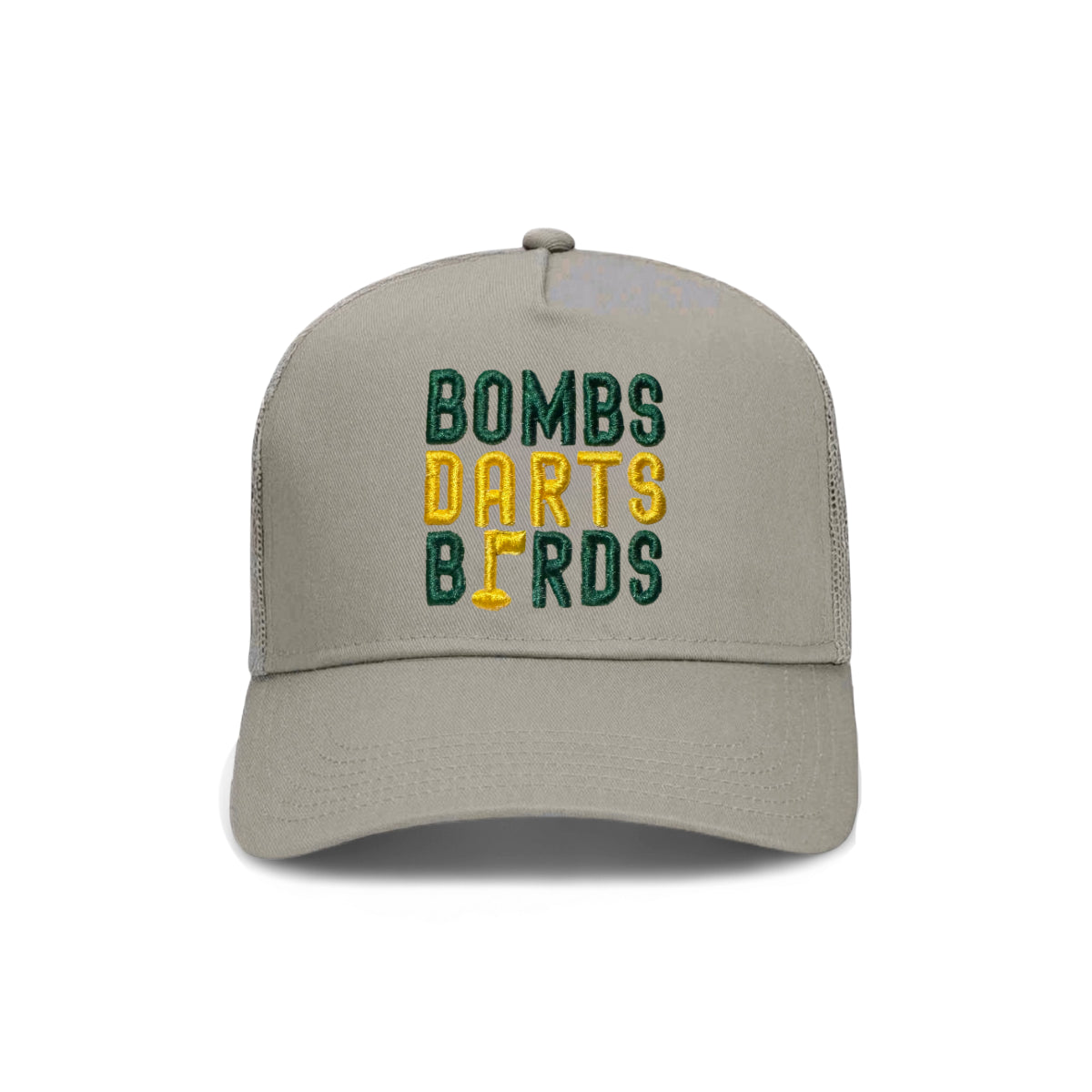 Oregon Bombs Darts Birds Fandom + Golf Caps - Grey Trucker Hat/Yellow/Green - Bombs Darts Birds
