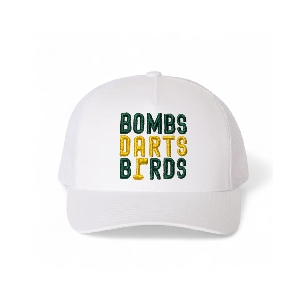 Oregon Bombs Darts Birds Fandom + Golf Caps - White Trucker Hat/Yellow/Green - Bombs Darts Birds