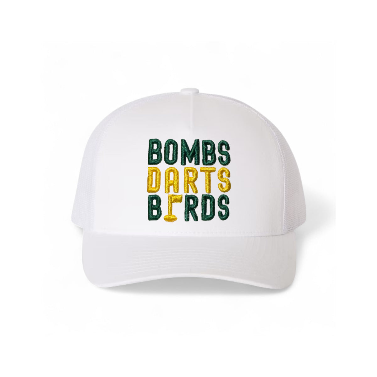 Oregon Bombs Darts Birds Fandom + Golf Caps - White Trucker Hat/Yellow/Green - Bombs Darts Birds