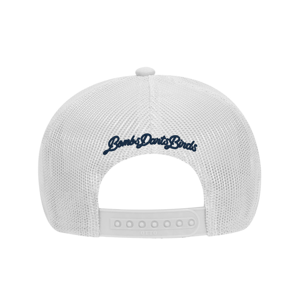 Pin High Trucker Golf Cap - White/Navy - Back - Bombs Darts Birds