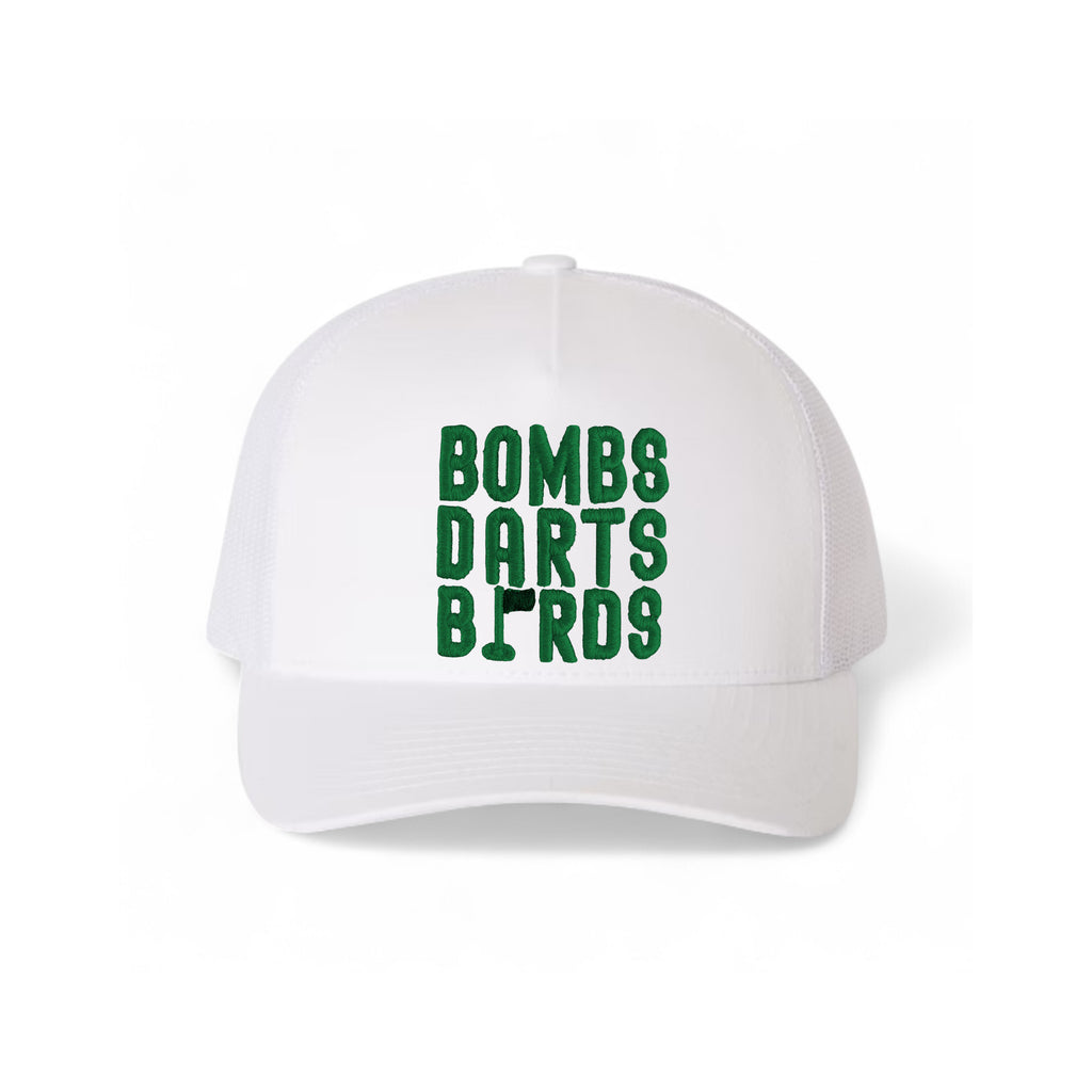 Spartans Bombs Darts Birds Fandom + Golf Caps - White Trucker Hat/Green - Bombs Darts Birds