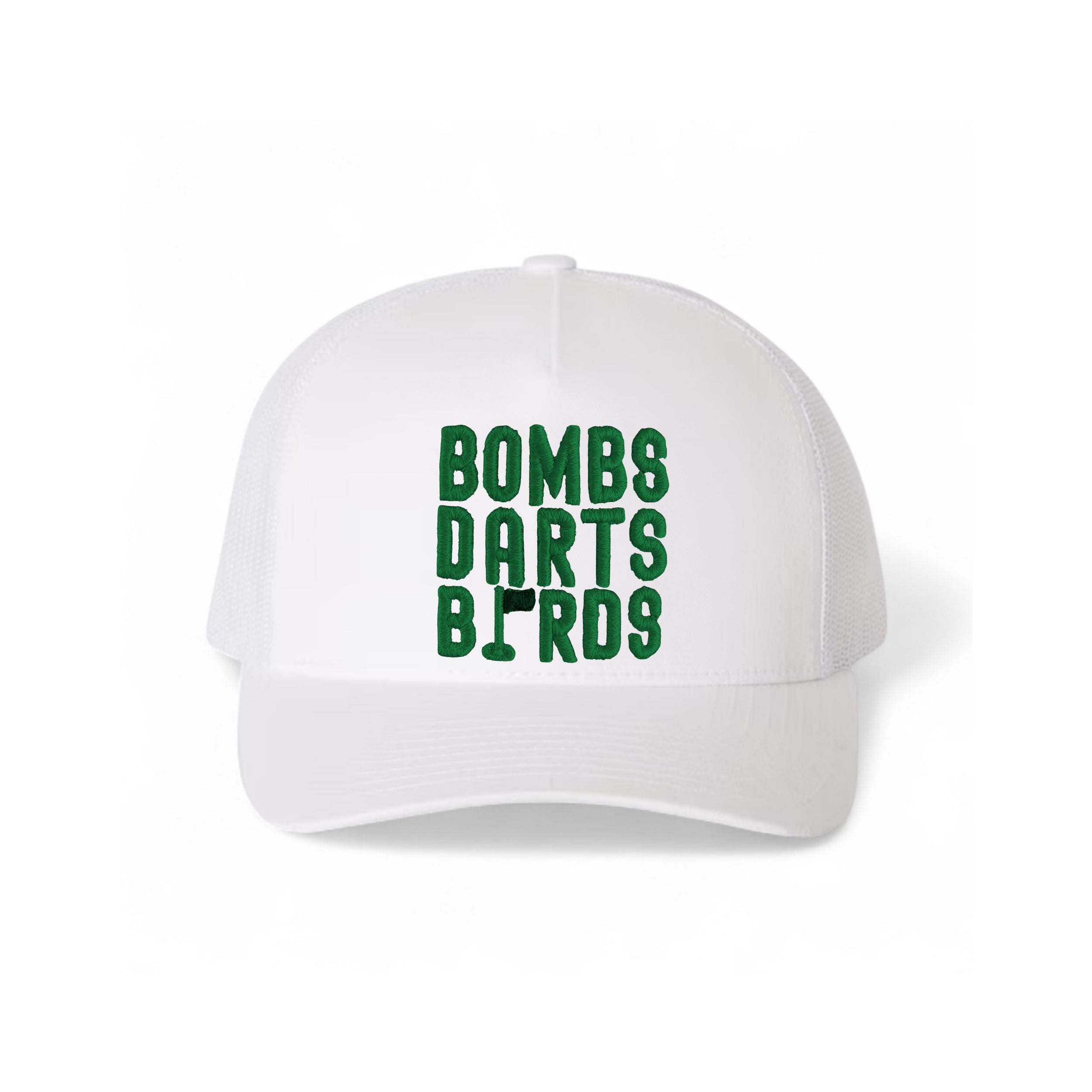 Spartans Bombs Darts Birds Fandom + Golf Caps - White Trucker Hat/Green - Bombs Darts Birds