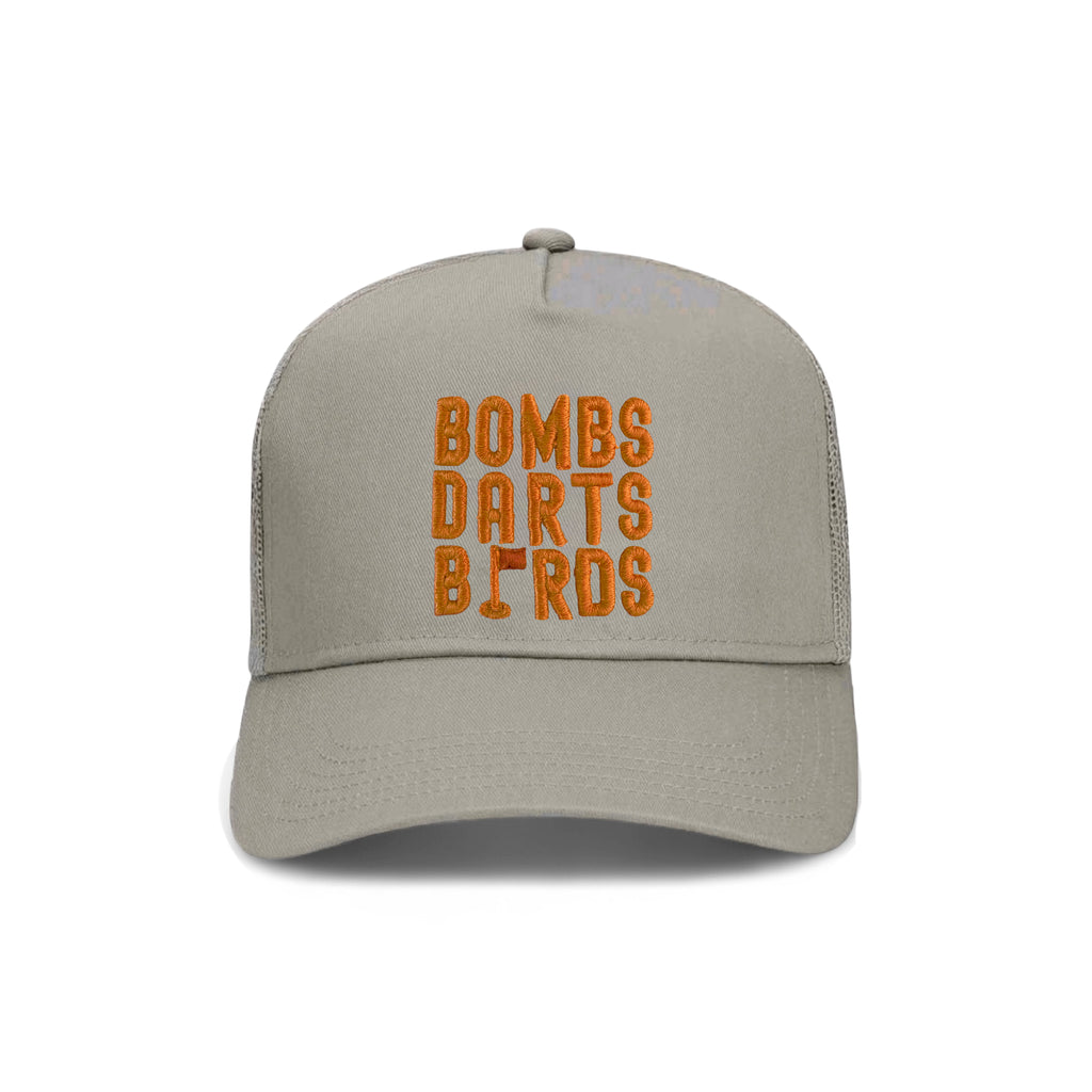 Texas Bombs Darts Birds Fandom + Golf Caps - Grey Trucker Hat/Orange - Bombs Darts Birds