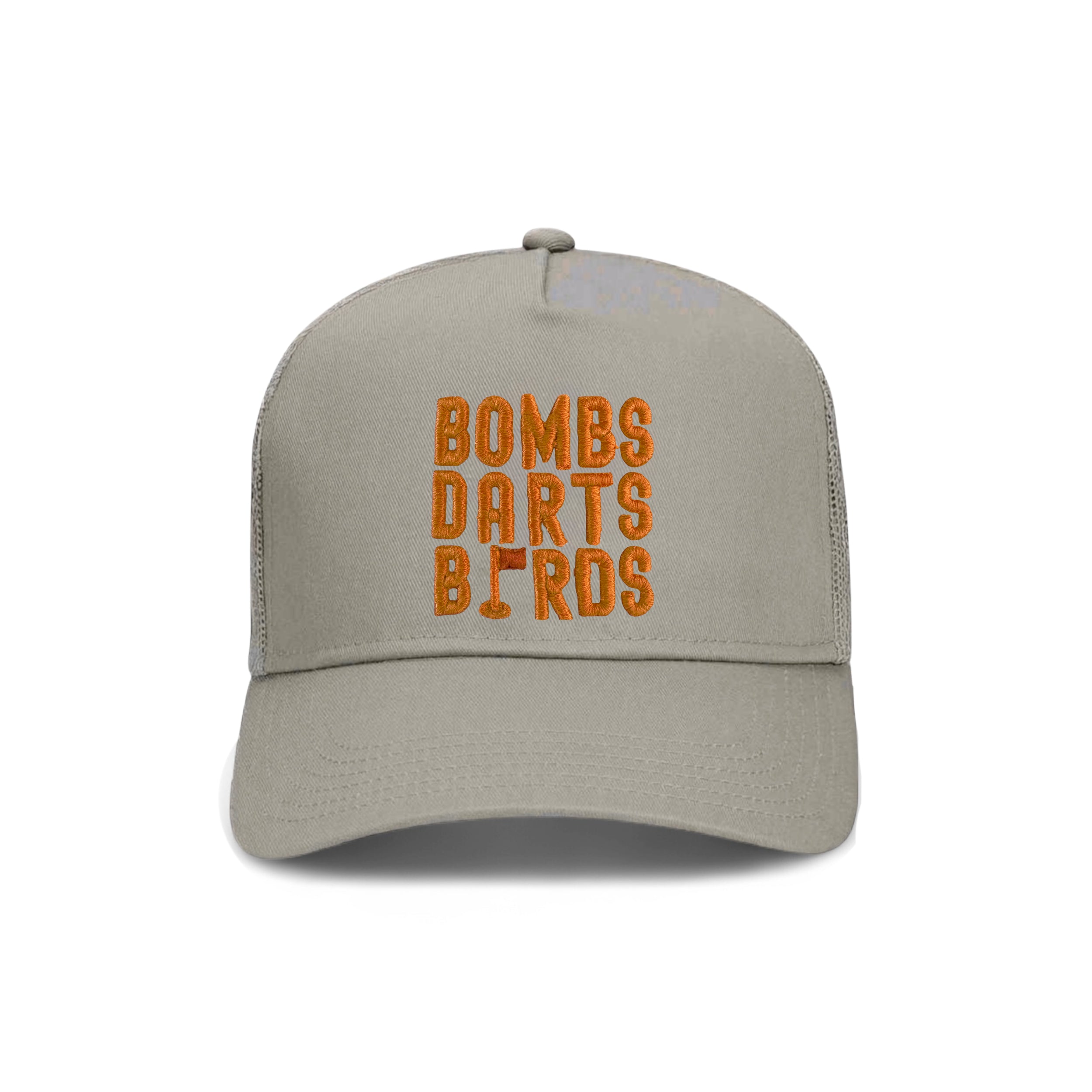 Texas Bombs Darts Birds Fandom + Golf Caps - Grey Trucker Hat/Orange - Bombs Darts Birds