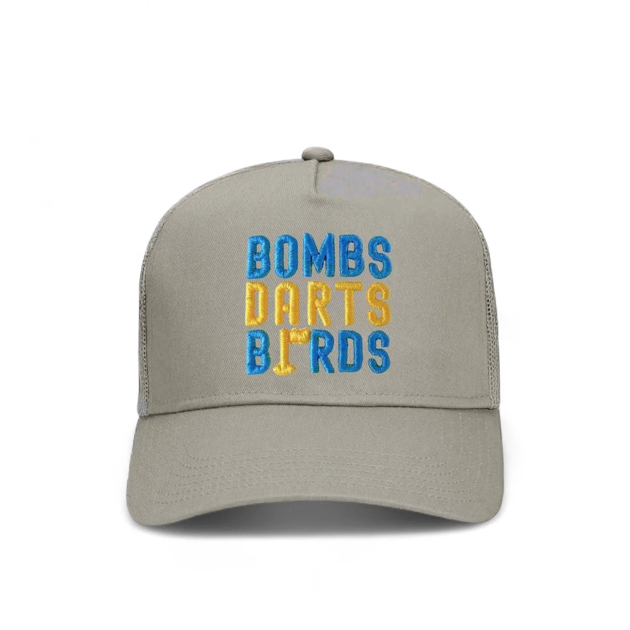 UCLA Bombs Darts Birds Fandom + Golf Caps - Grey Trucker Hat/Yellow/Blue - Bombs Darts Birds