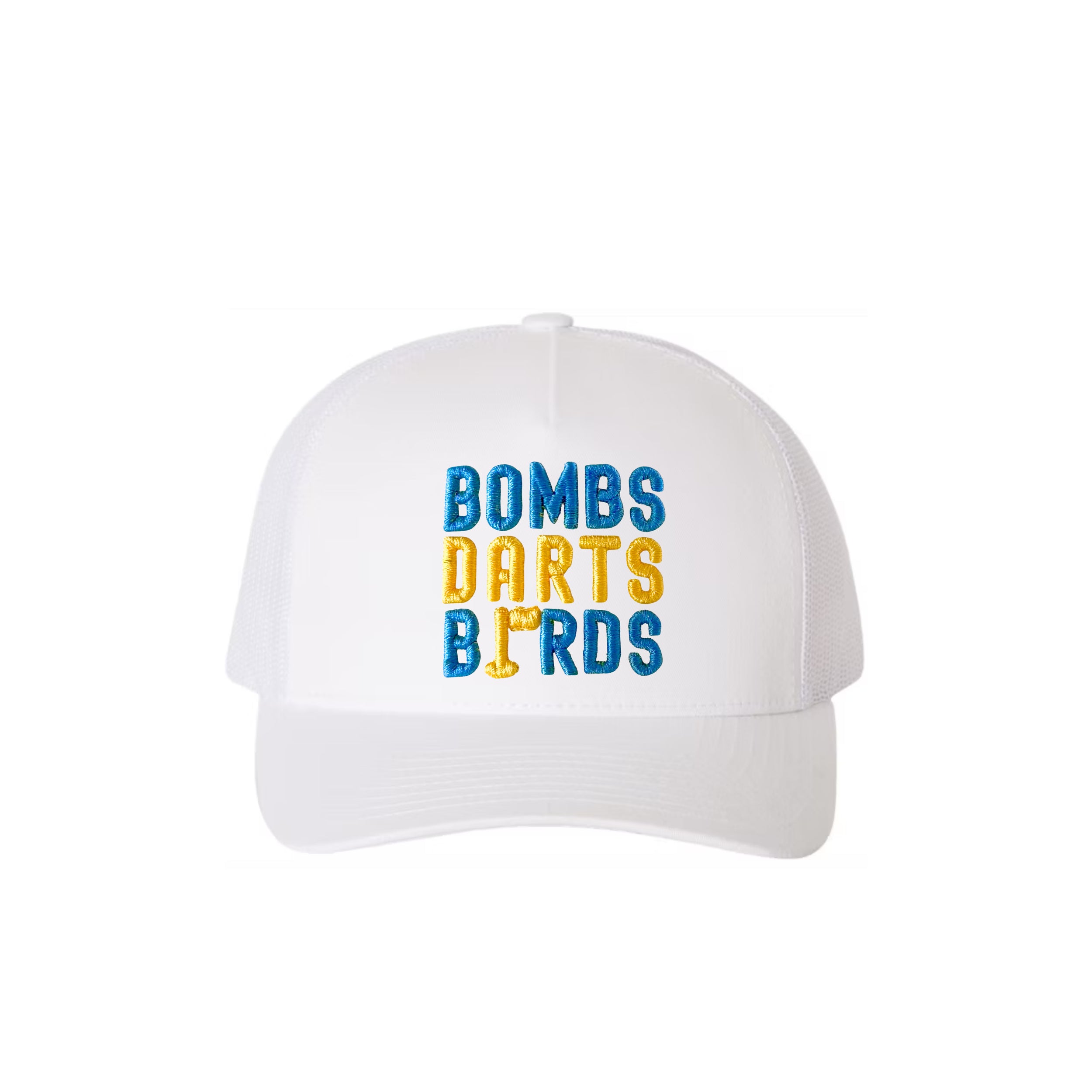UCLA Bombs Darts Birds Fandom + Golf Caps - White Trucker Hat/Yellow/Blue - Bombs Darts Birds