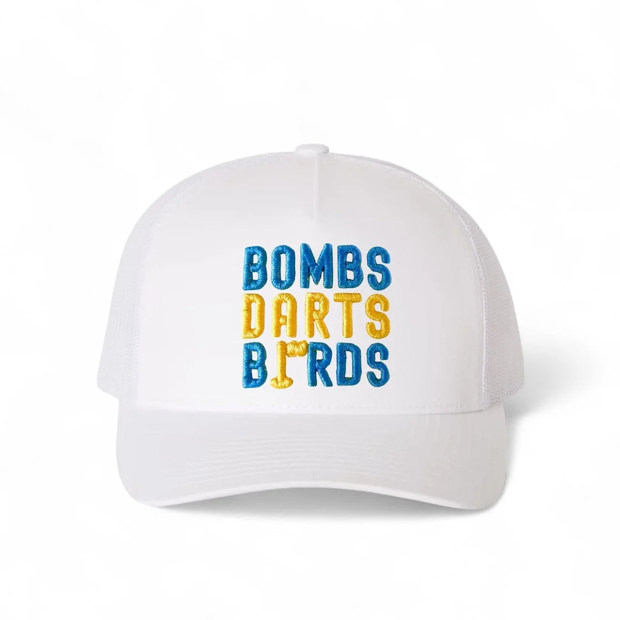 UCLA Bombs Darts Birds Fandom + Golf Caps - White Trucker Hat/Yellow/Blue - v2 - Bombs Darts Birds