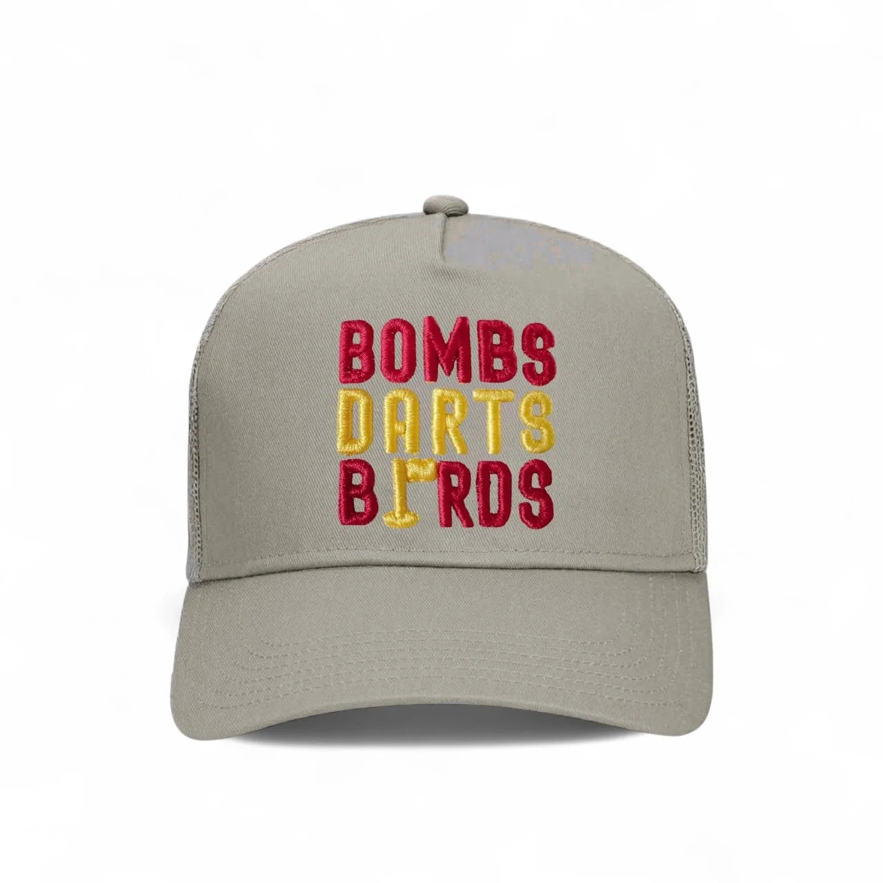 USC Bombs Darts Birds Fandom + Golf Caps - Grey Trucker Hat/Yellow/Red - Bombs Darts Birds
