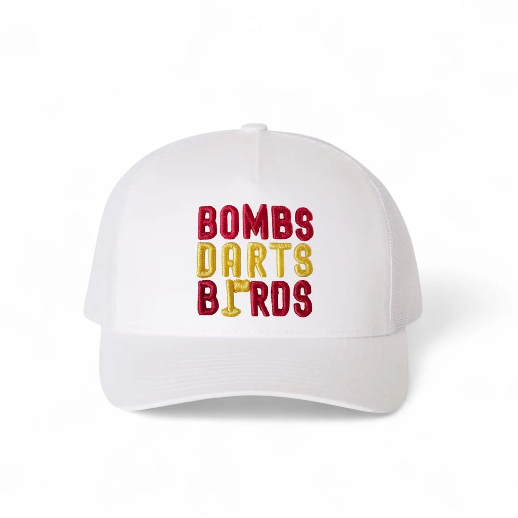 USC Bombs Darts Birds Fandom + Golf Caps - White Trucker Hat/Yellow/Red - Bombs Darts Birds